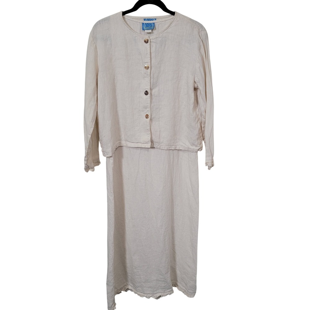 Cabella Size Small Dress Set Womens Cream Linen Two Piece Maxi Jacket Ruffle Hem